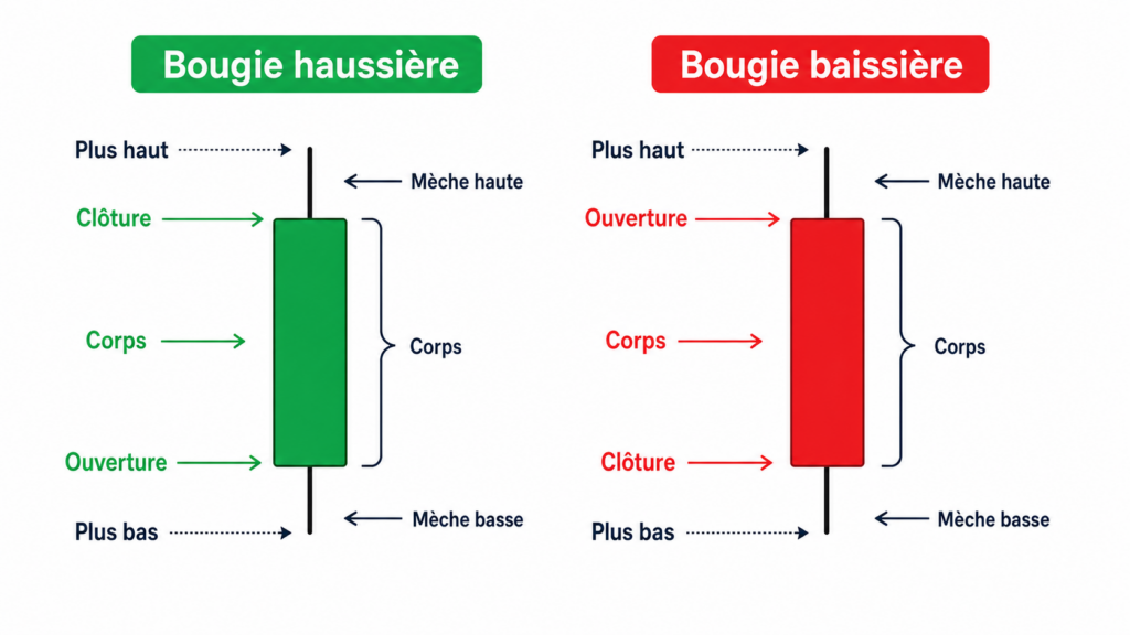 Comprendre les bougies japonaises Schéma expliquant les bougies japonaises